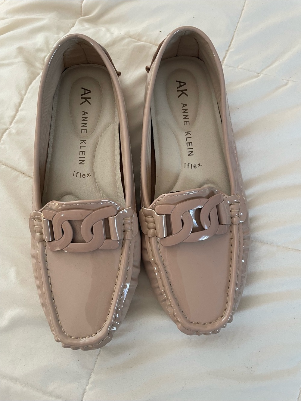 Anne Klein Patent Pink-Taupe Chain Detail Loafers
